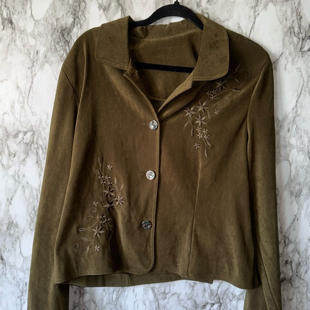 Fashion Bug Green cottage vegan suede embroidered fall blazer shirt oversize S - Picture 2 of 9